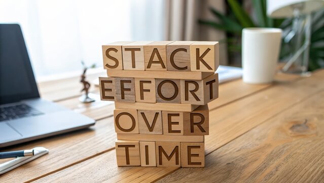Motivational conceptual image featuring stacked wooden blocks with inspirational words