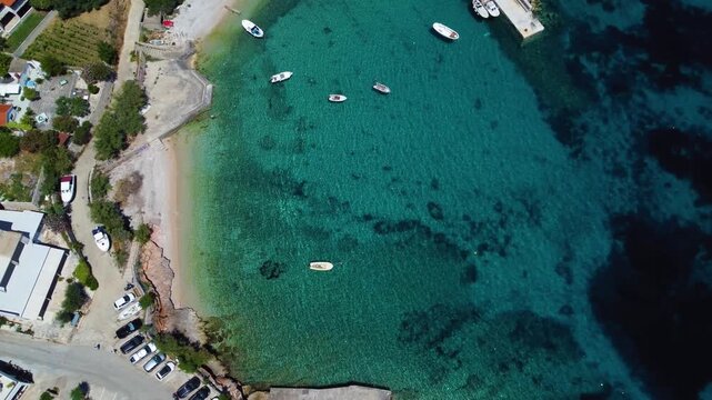 Zavala beach taken with my drone, showing the beautiful blue water and little fishing boats.
