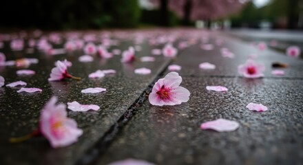 Delicate pink cherry blossoms scattered on a wet paved path, showcasing the beauty of a rainy spring day.