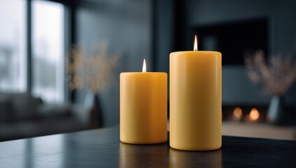 Two yellow candles on a dark table in a modern living room