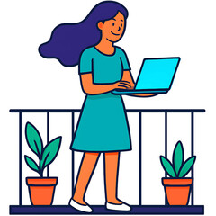 Freelance professional woman working from home on a laptop. Modern vector illustration of a remote worker on a city apartment balcony