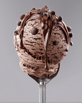 Naklejki A scoop of chocolate ice cream with a funny face made of chocolate chips and dripping sauce on a silver spoon.