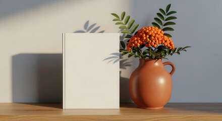 Fototapeta premium Blank book with vase of orange berries. Ai generation