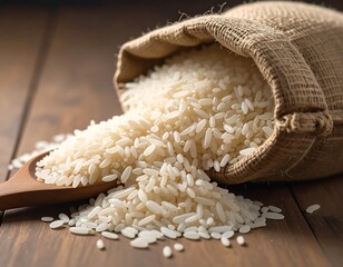 A close-up view of uncooked rice spilling from a burlap sack onto a wooden surface.