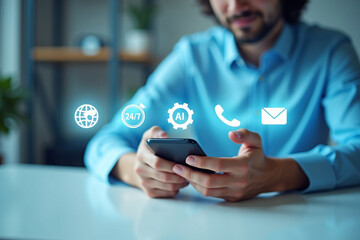 Customer service specialist with mobile phone: A man using the smartphone to providing customer support with icons that represent 24/7 availability, artificial intelligence.