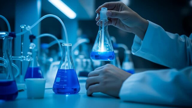 Scientist working in a laboratory holding glowing blue chemical liquid