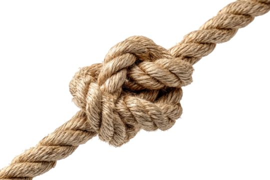 Close-up of a complex knot in a light brown rope against a black background