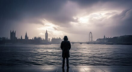 Fototapeta premium Silhouette of person in rain overlooking London skyline. Ai generation