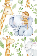 AI generator images of Water color safari animals, watercolor and pencil drawing of cute baby Animals Tropical Leaves , Elephant Fabric Panel, Baby, Giraffe, Art,