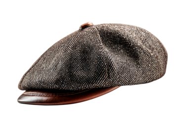 Stylish tweed newsboy cap isolated on black, men's fashion accessory.