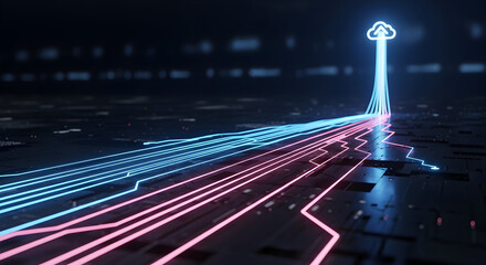 Dynamic cloud computing data transfer with neon lines, representing technology innovation