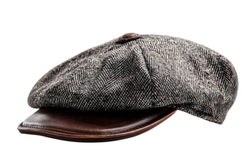 Stylish newsboy cap with herringbone pattern and leather visor.