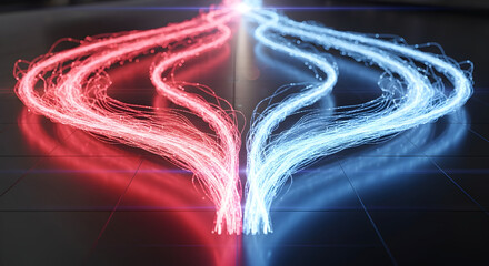 Dynamic data streams flowing with red and blue light, illustrating connection and energy