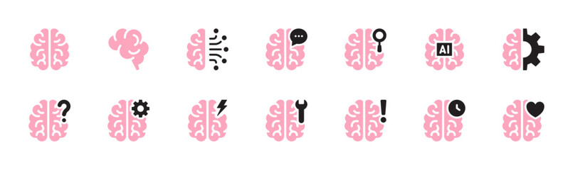 Brain colorful pink icon set. Anatomy, internal organ, intelligence, psychology, mental health, neurons symbol. Vector illustration. Flat design. Editable stroke. Isolated on a white background.