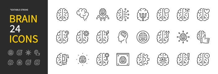 Brain icon set. Anatomy, internal organ, intelligence, psychology, mental health, neurons symbol. Vector illustration. Flat design. Editable stroke. Isolated on a white background.