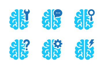 Brain blue icon set. Anatomy, internal organ, intelligence, psychology, mental health, neurons symbol. Vector illustration. Flat design. Editable stroke. Isolated on a white background.