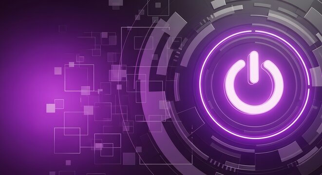 Futuristic glowing power button on a digital interface. Technology startup and energy activation concept. Abstract purple background representing the start of a new project or system.