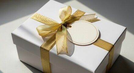 Elegant gift box with golden ribbon and tag. Ai generation
