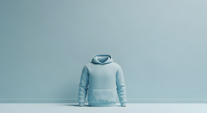 Minimalist image of a floating light blue hoodie against a matching blue background suggesting invisibility or emptiness