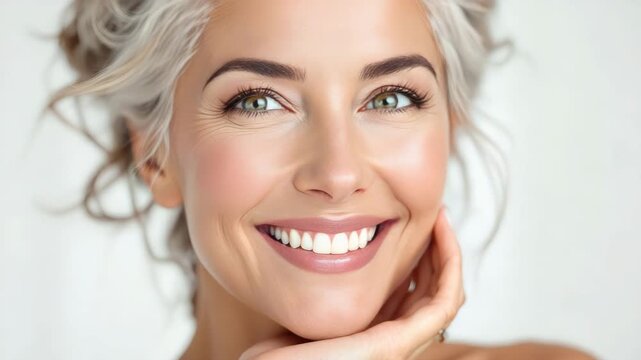 Close up portrait of happy smiling woman with beautiful skin. Healthy aging and skincare routine for mature beauty. Footage.