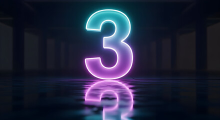 Glowing neon number three in a stylish, reflective environment for modern design projects