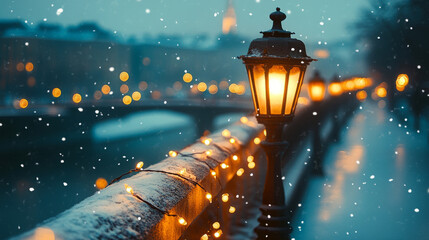A winter scene featuring a glowing lamppost and string lights along a snowy embankment with snow falling
