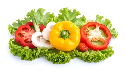 Colorful sliced vegetables arranged on lettuce leaves.  Fresh and healthy