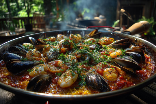 Large, rustic pan of paella being cooked outdoors. The dish is rich with yellow saffron rice and mussels, clams, shrimp, and vegetables.