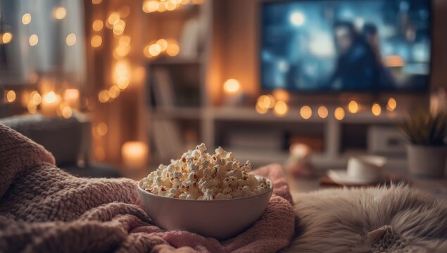 Cozy movie night with popcorn