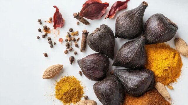 Assorted spices and herbs on white surface