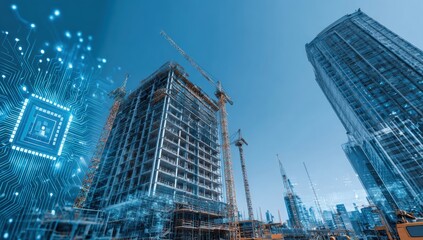 Futuristic cityscape with construction and digital technology overlay