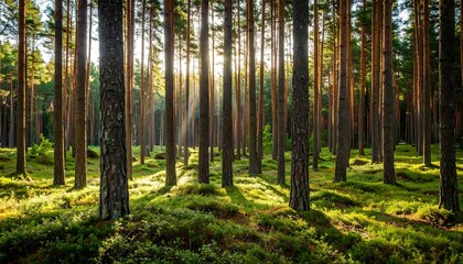 Sunlight streams through a dense forest, illuminating the towering pine trees and mossy ground.