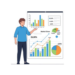 Flat vector illustration of a marketing person presenting data on a large chart, isolated on white background