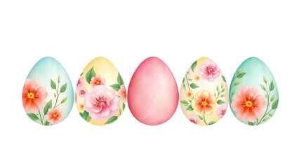 Watercolor pastel Easter eggs with floral patterns, decorative spring holiday design, colorful seasonal illustration isolated on transparent background.