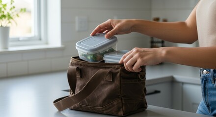 Woman packing lunch box with healthy food containers into a thermal bag, preparing for work or school. Lunch preparation concept.
