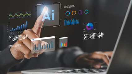 AI assistant helping business analytics data with digital dashboard charts and graphs, symbolizing artificial intelligence, big data insights, performance tracking, and smart business decisions.