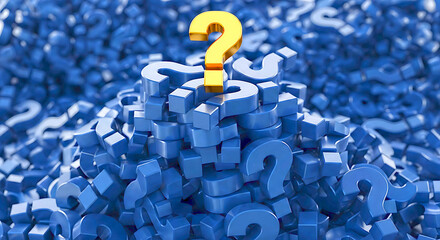 A solitary bright yellow question mark stands tall atop a dense chaotic pile of numerous blue question marks symbolizing inquiry