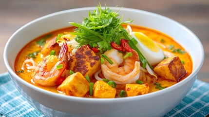 Delicious bowl of spicy shrimp curry noodle soup with toppings
