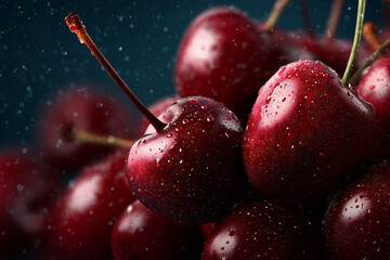 Close-up shot of vibrant, glistening cherries with water droplets. These luscious cherries are ripe and ready to eat, showcasing their perfect freshness