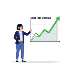 Flat vector marketing manager pointing at a growing sales chart, isolated on white background