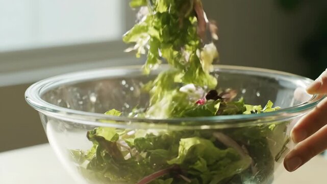 Making a Fresh Green Salad in a Glass Bowl at Home During the Day