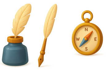 A Vibrant Still Life of Writing Tools Featuring Quills, Ink Pot, and a Compass, Symbolizing Creativity and Exploration in Artistic Pursuits isolated on white or transparent png