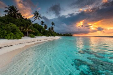 Fototapeta premium Tropical beach paradise at sunset with vibrant colorful sky and turquoise water