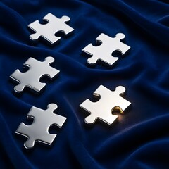 A handful of polished chrome puzzle pieces rest on sumptuous royal-blue velvet; soft folds cradle the pieces while one piece emits a faint, warm glow &mdash; the elegant &ldquo;missing link&rdquo; motif