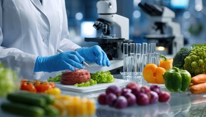 Food Science Lab - Researcher Analyzing Meat and Vegetables.