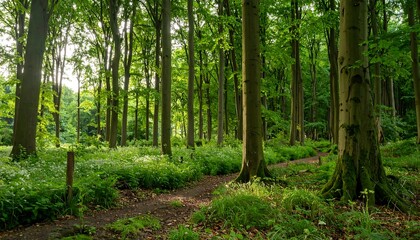 A sunlit woodland path winds through a dense forest of tall, slender trees, bathed in vibrant green light.