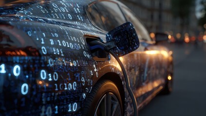 Electric vehicle charging at dusk, digital data overlay