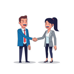 Fototapeta premium Flat vector illustration of two marketers shaking hands after closing a deal, isolated on white background