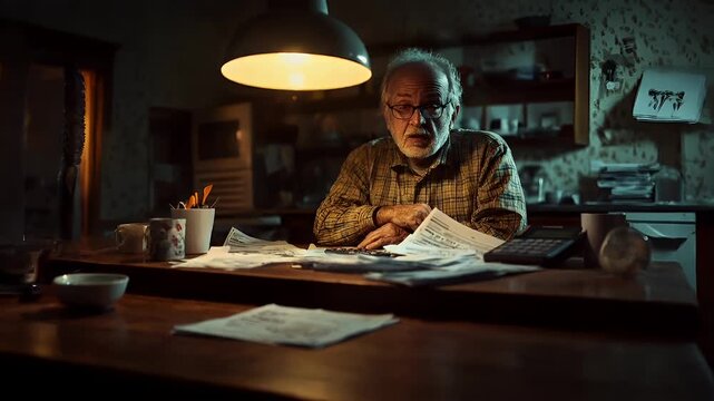 Tired sleepy overtime work load. A man in a room with a cluttered desk cluttered with papers, a calculator, and other miscellaneous items. The room is dimly lit, with a lamp illuminating the scene.