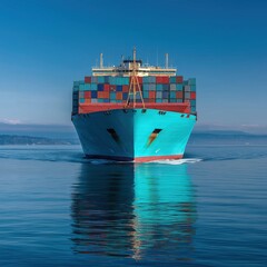 Massive container ship navigates calm ocean waters under clear blue sky